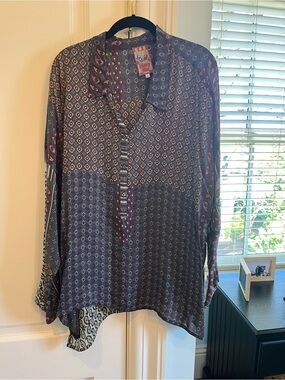 Johnny Was Boho Button-Front Tunic in Charcoal and Purple